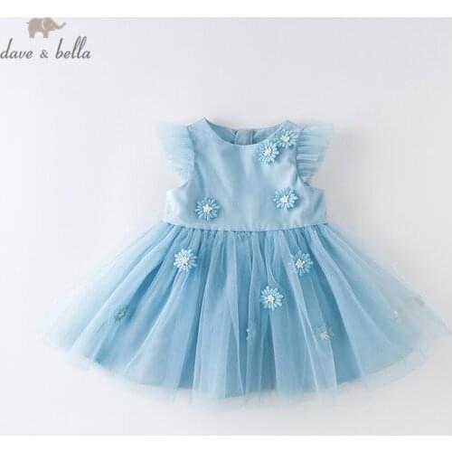 DBJ14118 dave bella summer baby girls princess floral bow mesh dress children fashion party dress kids infant lolita clothes