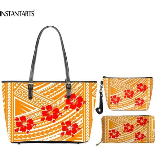 INSTANTARTS Hawaii Tribe Ethnic Flower Print Women Large Shoulder Bags PU Leather Ladies Top-handle Bags Makeup Case Wallet 3pcs
