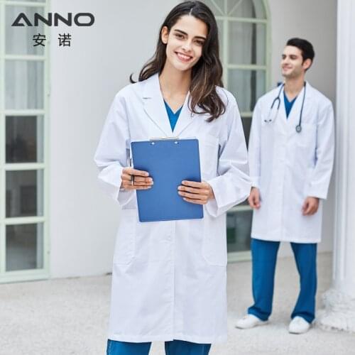 ANNO Long Sleeve Lab Uniforms With Spandex Elastic Work Out Wear Pharmacy White Coat Chemistry Male Female White Doctor Gown