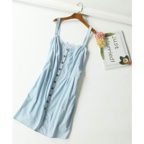 Summer women fashion slim water wash single breasted denim casual dress