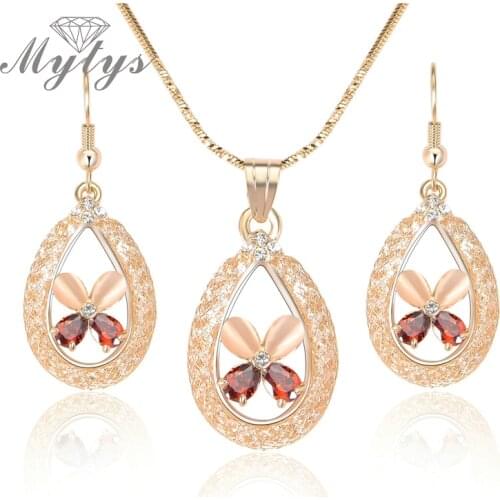 Mytys Rose Gold Oval Wire Mesh Net Tube Filled Crystal Jewelry Sets for Women Wholesale Necklace Earrings CN304