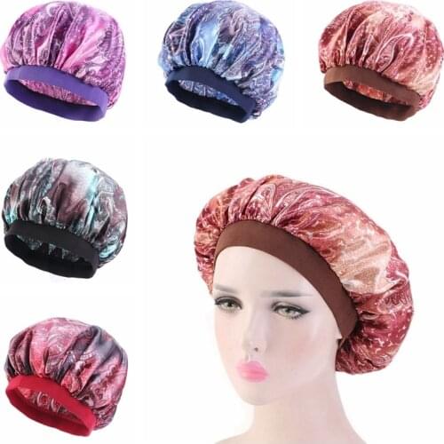 Natural Curly Hair Night Sleep Cap Amoeba Satin Elastic Wide-Brimmed Printing Polyester Chemotherapy Fashion Bonnet Beanie Hat