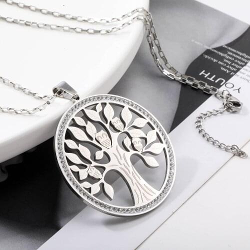 New Tree Of Life Owl Pendant Necklace For Women Stainless Steel Crystal Long Sweater Chain Necklace Party Gift Fashion Jewelry