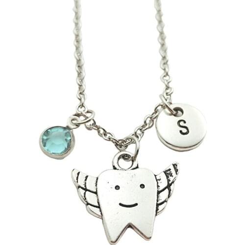 Tooth Wings Creative Initial Letter Monogram Birthstone Necklace Fashion Jewelry Women Christmas Gifts Accessories Pendants
