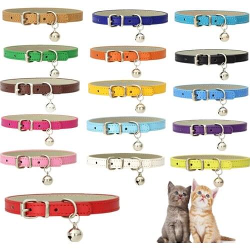 Personalized Cat Collar with Bell Adjustable Leather Kitten Necklace for Cats Puppies Neck Band Pet Products 16 Colors