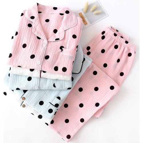 New Autumn Cotton Crepe Long Sleeved Trousers Pajamas for Women Polka Dot Printing Sleepwear Plus Size Couple Sleep Home Clothes