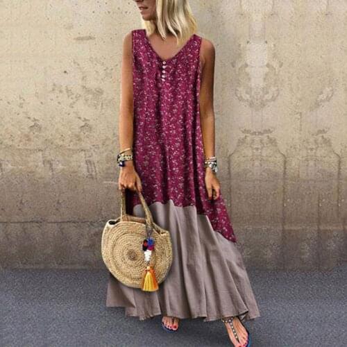 Womens Spring and Summer Printed Cotton and Linen Dress Bohemian Beach Skirt Womens Sexy Round Neck Loose Dress 5XL Vestidos