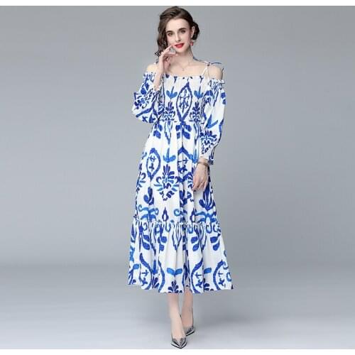 Fashion Holiday Blue and White Porcelain Printed Summer Dress 2021 Women Sexy Bow Tie Strapghetti Strap Elastic Midi Dress K1126