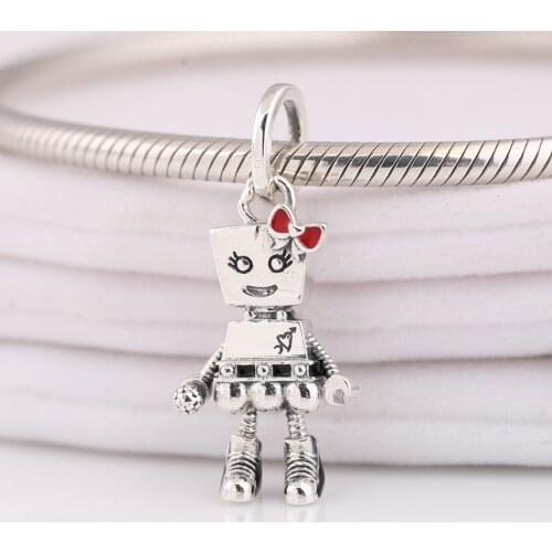 Authentic S925 Bead Red Enamel Bow Girl Robot Charm fit Lady Bracelet Bangle DIY Jewelry
