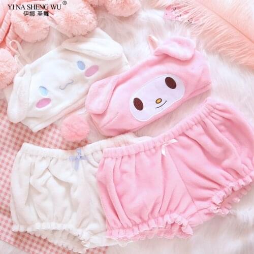 Pink And White Kwaii Velvet Tube Top And Panties Set For Girls Adorable Underwear Anime Long Ear Doggy Bra and bloomers