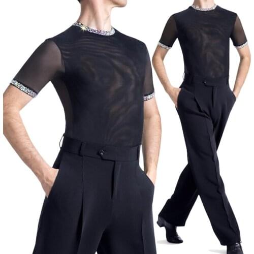 Latin Dance Tops Men Sexy Mesh Black Top Short Sleeves Diamond Ballroom Shirt Salsa Samba Cha Cha Performance Dress DNV13910