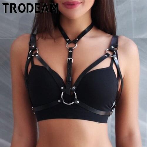 TRODEAM Women Sexy Lingerie Body Bondage Leather Harness Bra Cage Bdsm Collar Band Waist Garter Belts Suspenders Harajuku Gothic