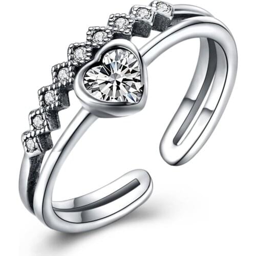 Vintage Women Ancient Silver Rings Party Double Stacks Cubic Zircon Heart CZ Rings 925 Sterling Silver Finger Rings Casual Lady