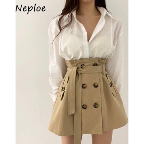 Neploe Double Breasted Drawstring Chic Pockets Skirt Solid Color High Waist Fashion Skirt Women All-match A-line Femme Jupe