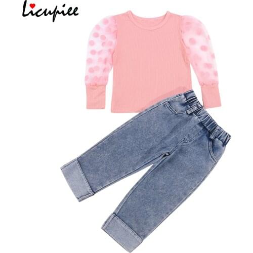 2-7 Years Baby Girl Clothing Baby Long Sleeves + Jeans Bow Neckline Decoration Mesh Knit Stitching High Waist Spring Clothing