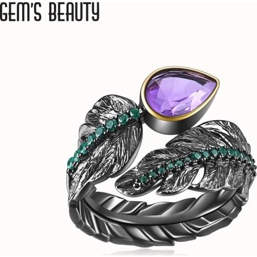 GEMS BEAUTY 925 Sterling Silver For Women Rings Feather Pear Cut Natural Amethyst Handmade Bypass Rings Romantic Gift