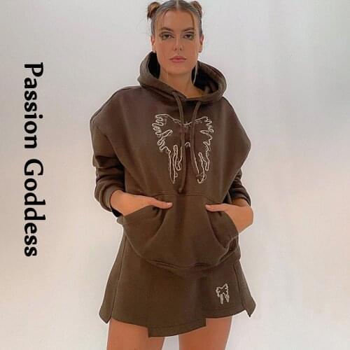 Women 2 Piece Butterfly Embroidery Brown Tracksuits Sets Hoodies Sweatshirts High Waist Irregular Skirts Loose Two Piece Outfits