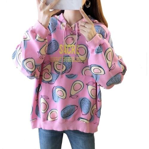 Zuolunouba Autumn Casual Thin Women Hooded Sweatshirt Print Harajuku Pattern Avocado Korean Loose Long Sleeve Female Pullover