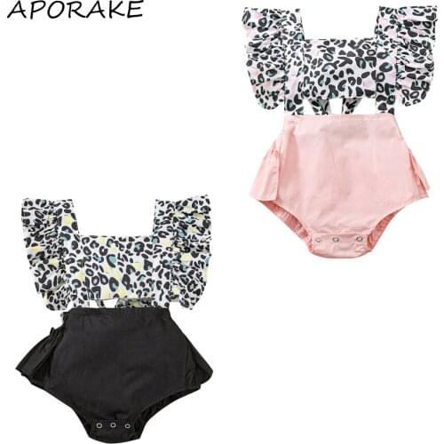 2021 0-24M Summer Baby Girl Romper Leopard Print Sleeveless Square Collar Hollow Fly Sleeve Bow Back Playsuit Fashion Outfit