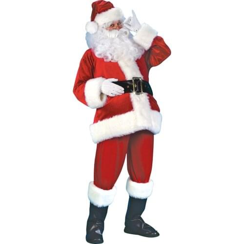 7pcs Santa Claus Suit Adult Christmas Dress Fur Hat With Mustache Fur Coat Pants Glovers Shoes New Year Costume Xmas Gift 3