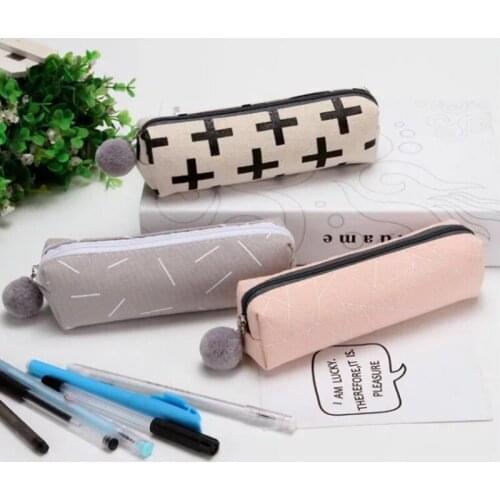 1pc Cute Kawaii Canvas Hair Ball Pendant Pencil Case For Girls Schoolboy Pen Pencilcase Stationery Bag Office School Supplies