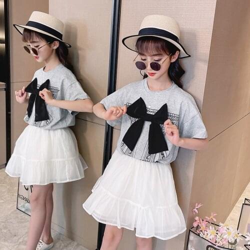 Kids Summer Clothing Set Cotton Bow T Shirt And Mesh Skirt Two Pieces Suit for Children Clothes Teen Girls Outfits 6 8 10 12 Yrs