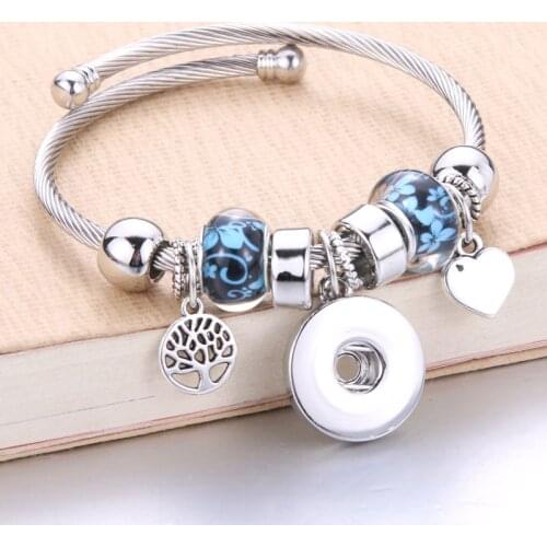 Trendy Elastic metal beading Snap Bracelet Snap Button Bracelet Bangles fit 18MM Snap Jewelry flower beads making Jewelry