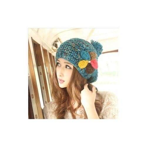New Style Cute Flower Handmade Knitted Hat WOMENS Bailey Wool Cap Korean-Style Ulzzang Winter Earmuff Ball