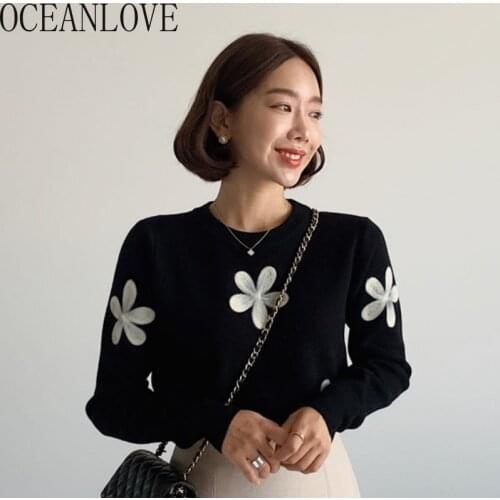 OCEANLOVE 2021 Autumn Winter Women Sweaters Embroidered Flower Fashion Vintage Korean Mujer Sueteres Chic Warm Pullovers 18111