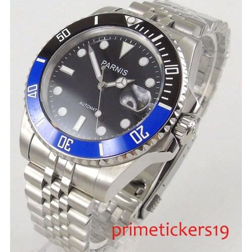 PARNIS 40mm blue and black rotating bezel sapphire crystal man watch automatic mens watch stainless steel strap