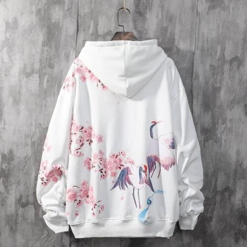 Chinese Style Couple Hooded Mens Autumn Thin Style Loose National Trend Cherry Blossom Pink Crane Casual Hooded Men