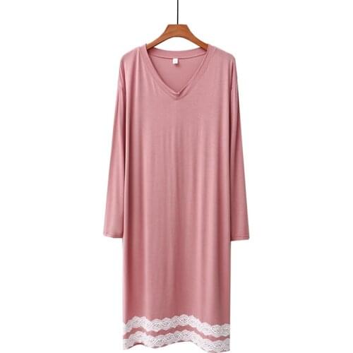 Modal Sexy Womens Nightdress V-Neck Long-Sleeved Midi Nightgowns Lace Stitching Sweet Casual Loose One Piece Sleepwear Autumn