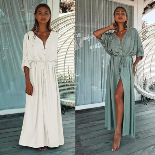 Sexy V neck Beach Cover up Robe Plage Pareo Kaftan Beach Women Shirt Long Maxi Dress Kimono Beach Wear Tunics Swimsuit Cover up