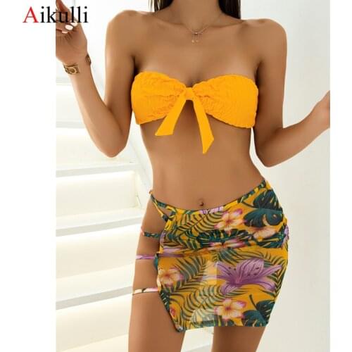 Sexy Printed Bandeau Bikini Swimsuit Women Swimwear Three-Pieces Bikinis Set Summer Female Strapless Lace Up Swim Bathing Suits
