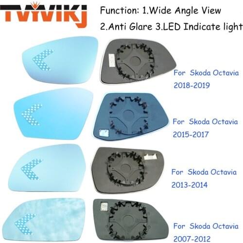 TVYVIKJ Side Rearview Mirror Blue Glass Lens with LED Indicate light For Skoda Octavia 2007-2019 Wide Angle View anti glare