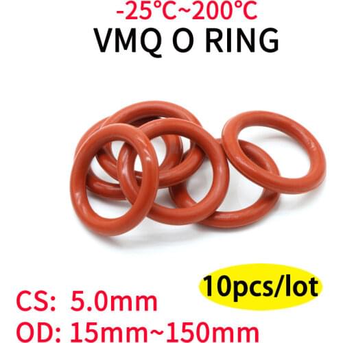 10pcs VMQ O Ring Seal Gasket Thickness CS 5mm OD 18 ~ 45mm Silicone Rubber Insulated Waterproof Washer Round Shape Nontoxi Red