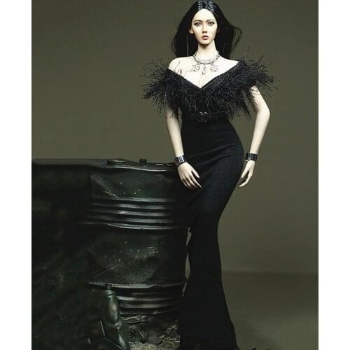 In Stock 1/6 Scale Sexy Female Figure V-neck Black Fluffy Tail Dress Clothing Belt Accessory Model for 12 inches Bust Body