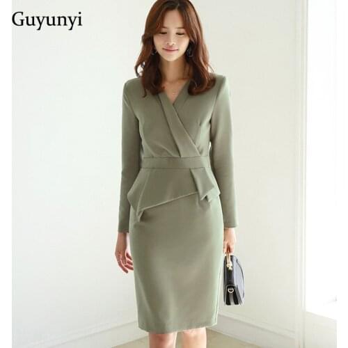 Spring Office Lady Dress V-Neck Asymmetry Full Sleeve Athens Officially Plain Knee-Length Pencil Dresses Womens Clothing