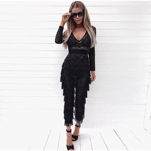 Mysterious Black Layered Tassel Fringe Mesh Legging V Neck Long Sleeve See Through Long Leg Bodycon Sexy Femme Bandage Jumpsuit