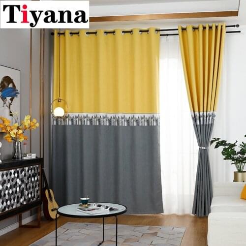 Yellow Gray Solid Splicing with Geometry Blackout Curtain for Bedroom Nordic Blue Yellow Stitch Curtain in the Living Room 154D