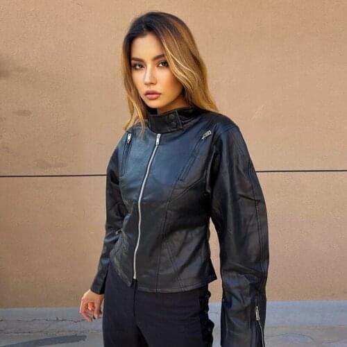 PU Leather Jacket Woman Faux Sheepskin Stand Collar Puff Sleeve Shrink Waist Short Coat Winter Outdoor Casual Streetwear