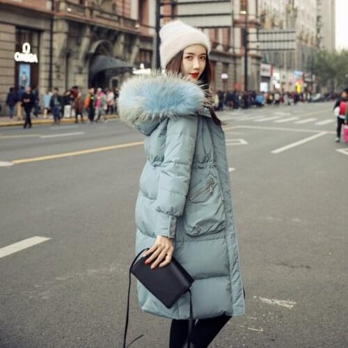 Women newest hooded long duck down jacket female loose fashion Korean style coat popular simple winter blue jackets for ladies
