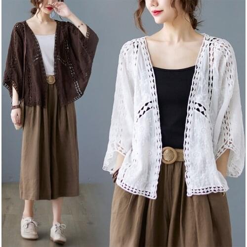 2021 New Summer Sweet Lady Style Fashion Jacket Coat Women V-Neck White Cardigan Open Stitch Hollow White Beach Women Clothing