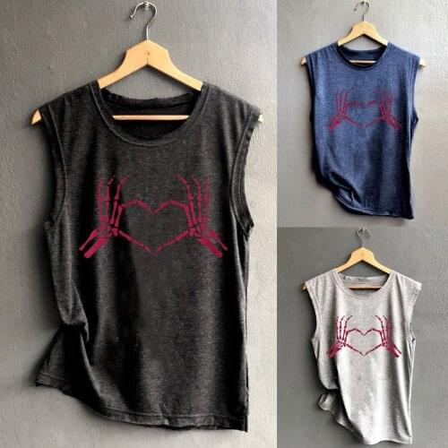 Women Sleeveless Top Simple Vest Skeleton Hand Heart Printing Blouse Tank Camisole Solid Color Daily Casual All-match Gilrs Vest