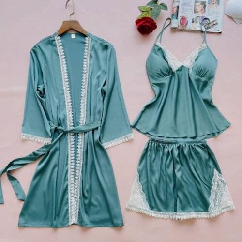 Satin Green Pajamas Set Sexy Lace 3PCS Sleepwear Summer Silky Sleep Set Femme Pijamas Suit Casual Kimono Gown Home Dressing Gown