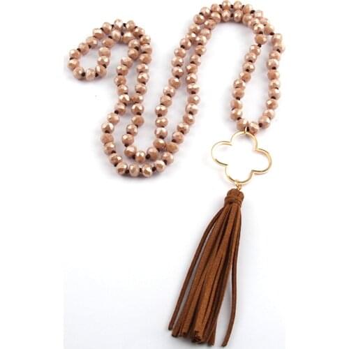 Free Shipping Fashion Knotted Halsband 8mm Brown Crystal Beads Tassel Pendant Necklace