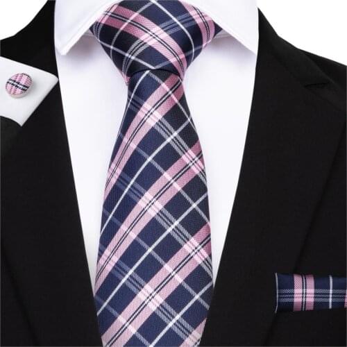 DiBanGu Designer Blue Pink Plaid Tie 100% Silk Necktie Hanky Cufflinks Mens Ties Suit Business Wedding Party Tie Set MJ-7019