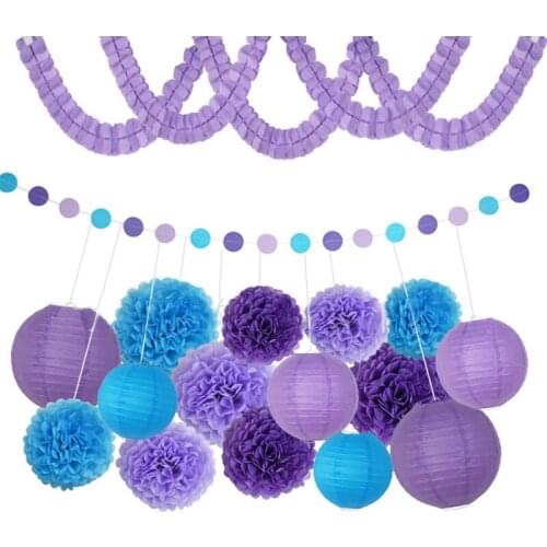 HAOCHU 18pcs/set Romantic Purple Themed Wedding Party Round Chinese Lanterns Paper Kissing Balls Birthday Backdrop Decor Set