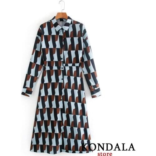 KONDALA Women Dress Za Vintage Geometric Print Sashes Mid-Calf Shirt Dresses Long Sleeve Elegant Casual Vestidos Mujer