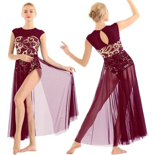 Sleeveless Dancewear Floral Sequins Gymnastics Ballet Leotard Women Long Dress Adult Modern Contemporary Lyrical Dance Costumes